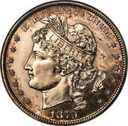 USA 100 Cents 1879 Goloid Metric Dollar. Pattern 1879  E PLURIBUS UNUM LIBERTY 1879 coin obverse USA 100 Cents 1879 Goloid Metric Dollar. Pattern 1879  E PLURIBUS UNUM LIBERTY 1879 coin obverse