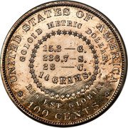 USA 100 Cents 1879 Goloid Metric Dollar. Pattern 1879  UNITED STATES OF AMERICA GOLOID METRIC DOLLAR 15.3 G. 236.7 S 28 C. 14 GRAMS DEO EST GLORIA. 100 CENTS coin reverse USA 100 Cents 1879 Goloid Metric Dollar. Pattern 1879  UNITED STATES OF AMERICA GOLOID METRIC DOLLAR 15.3 G. 236.7 S 28 C. 14 GRAMS DEO EST GLORIA. 100 CENTS coin reverse