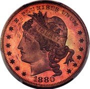 USA 100 Cents 1880 Goloid Metric Dollar. Liberty head. Pattern 1880  E PLURIBUS UNUM LIBERTY 1880 coin obverse USA 100 Cents 1880 Goloid Metric Dollar. Liberty head. Pattern 1880  E PLURIBUS UNUM LIBERTY 1880 coin obverse