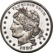 USA 100 Cents 1880 Goloid Metric Dollar.Liberty in a band with wheat and cotton Pattern 1880  E PLURIBUS UNUM LIBERTY 1880 coin obverse USA 100 Cents 1880 Goloid Metric Dollar.Liberty in a band with wheat and cotton Pattern 1880  E PLURIBUS UNUM LIBERTY 1880 coin obverse