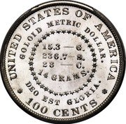 USA 100 Cents 1880 Goloid Metric Dollar.Liberty in a band with wheat and cotton Pattern 1880  UNITED STATES OF AMERICA GOLOID METRIC DOLLAR. 15.3 G 236.7 S 28 C. 14 GRAMS DEO EST GLORIA. 100 CENTS coin reverse USA 100 Cents 1880 Goloid Metric Dollar.Liberty in a band with wheat and cotton Pattern 1880  UNITED STATES OF AMERICA GOLOID METRIC DOLLAR. 15.3 G 236.7 S 28 C. 14 GRAMS DEO EST GLORIA. 100 CENTS coin reverse