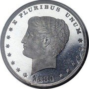 USA 100 Cents 1880 Goloid Metric Dollar. Liberty. Pattern. 1880  E PLURIBUS UNUM LIBERTY 1880 coin obverse USA 100 Cents 1880 Goloid Metric Dollar. Liberty. Pattern. 1880  E PLURIBUS UNUM LIBERTY 1880 coin obverse