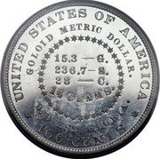 USA 100 Cents 1880 Goloid Metric Dollar. Liberty. Pattern. 1880  UNITED STATES OF AMERICA GOLOID METRIC DOLLAR. 15.3 G. 236.7 S. 28 C. 14 GRAMS DEO EST GLORIA. 100 CENTS coin reverse USA 100 Cents 1880 Goloid Metric Dollar. Liberty. Pattern. 1880  UNITED STATES OF AMERICA GOLOID METRIC DOLLAR. 15.3 G. 236.7 S. 28 C. 14 GRAMS DEO EST GLORIA. 100 CENTS coin reverse