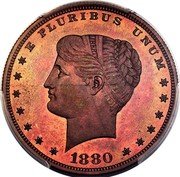 USA 100 Cents 1880 Goloid Metric Dollar.Pattern. 1880  E PLURIBUS UNUM LIBERTY 1880 coin obverse USA 100 Cents 1880 Goloid Metric Dollar.Pattern. 1880  E PLURIBUS UNUM LIBERTY 1880 coin obverse