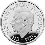 UK 1 Pound Britannia and ocean wave. 2024 Proof MJ CHARLES III D G REX F D 1 POUND 2024 coin obverse UK 1 Pound Britannia and ocean wave. 2024 Proof MJ CHARLES III D G REX F D 1 POUND 2024 coin obverse