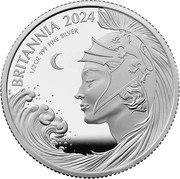 UK 1 Pound Britannia and ocean wave. 2024 Proof H BRITANNIA 2024 1/2 OZ 999 FINE SILVER coin reverse UK 1 Pound Britannia and ocean wave. 2024 Proof H BRITANNIA 2024 1/2 OZ 999 FINE SILVER coin reverse