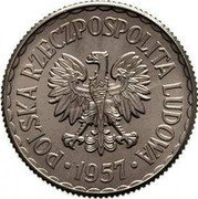 Poland 1 Zloty Trial Strike 1957  KM# Pr27 POLSKA RZECZPOSPOLITA LUDOWA 1957 coin obverse Poland 1 Zloty Trial Strike 1957  KM# Pr27 POLSKA RZECZPOSPOLITA LUDOWA 1957 coin obverse