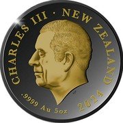 New Zealand Ten Dollars Charles III. Great Spotted Kiwi 2024  Proof CHARLES III NEW ZEALAND SJF .9999 AU 5OZ 2024 coin obverse New Zealand Ten Dollars Charles III. Great Spotted Kiwi 2024  Proof CHARLES III NEW ZEALAND SJF .9999 AU 5OZ 2024 coin obverse