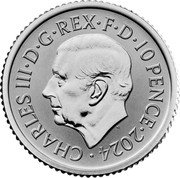 UK 10 Pence (Britannia and ocean wave. Reverse frosted) MJ CHARLES III D G REX F D 10 PENCE 2024 coin obverse UK 10 Pence (Britannia and ocean wave. Reverse frosted) MJ CHARLES III D G REX F D 10 PENCE 2024 coin obverse