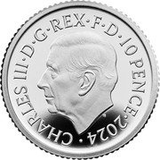 UK 10 Pence Britannia and ocean wave. 2024 Proof MJ CHARLES III D G REX F D 10 PENCE 2024 coin obverse UK 10 Pence Britannia and ocean wave. 2024 Proof MJ CHARLES III D G REX F D 10 PENCE 2024 coin obverse