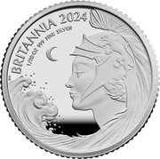 UK 10 Pence Britannia and ocean wave. 2024 Proof H BRITANNIA 2024 1/20 OZ 999 FINE SILVER coin reverse UK 10 Pence Britannia and ocean wave. 2024 Proof H BRITANNIA 2024 1/20 OZ 999 FINE SILVER coin reverse