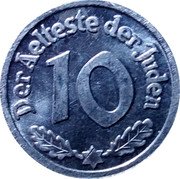 Poland 10 Pfennig (Lodz Ghetto. Replica) DER AELTESTE DER JUDEN 10 coin reverse Poland 10 Pfennig (Lodz Ghetto. Replica) DER AELTESTE DER JUDEN 10 coin reverse
