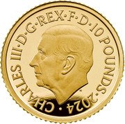 UK 10 Pounds (Britannia and ocean wave) CHARLES III D G REX F D 10 POUNDS 2024 coin obverse