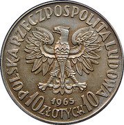 Poland 10 Zlotych (700th Anniversary of Warsaw. Trial Strike) KM# Pr131 POLSKA RZECZPOSPOLITA LUDOWA MW 1965 10 ZŁOTYCH 10 coin obverse Poland 10 Zlotych (700th Anniversary of Warsaw. Trial Strike) KM# Pr131 POLSKA RZECZPOSPOLITA LUDOWA MW 1965 10 ZŁOTYCH 10 coin obverse