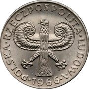 Poland 10 Zlotych (700th Anniversary of Warsaw. Trial Strike) KM# Pr140 POLSKA RZECZPOSPOLITA LUDOWA 1966 MW coin obverse