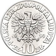 Poland 10 Zlotych (Nicolaus Copernicus. Large Type. Trial Strike) KM# Pr64 POLSKA RZECZPOSPOLITA LUDOWA 19 59 ZŁ 10 ZŁ coin obverse Poland 10 Zlotych (Nicolaus Copernicus. Large Type. Trial Strike) KM# Pr64 POLSKA RZECZPOSPOLITA LUDOWA 19 59 ZŁ 10 ZŁ coin obverse