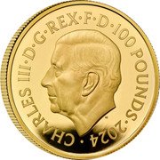 UK 100 Pounds (Bond Films. The World Is Not Enough) CHARLES III D G REX F D 100 POUNDS 2024 MJ coin obverse UK 100 Pounds (Bond Films. The World Is Not Enough) CHARLES III D G REX F D 100 POUNDS 2024 MJ coin obverse