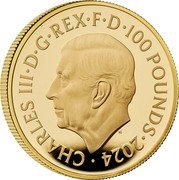 UK 100 Pounds (Britannia and ocean wave.) H BRITANNIA 2024 1 OZ 9999 FINE GOLD coin reverse UK 100 Pounds (Britannia and ocean wave.) H BRITANNIA 2024 1 OZ 9999 FINE GOLD coin reverse