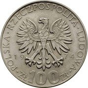 Poland 100 Zlotych Maria Sklodowska-Curie. Trial Strike 1974 KM# Pr243 POLSKA RZECZPOSPOLITA LUDOWA 19 74 MW L ZŁ 100 ZŁ coin obverse