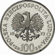 Poland 100 Zlotych Mikolaj Kopernik bust. Trial Strike 1973 MW Próba POLSKA RZECZPOSPOLITA LUDOWA 19 73 MW ZŁ 100 ZŁ coin obverse Poland 100 Zlotych Mikolaj Kopernik bust. Trial Strike 1973 MW Próba POLSKA RZECZPOSPOLITA LUDOWA 19 73 MW ZŁ 100 ZŁ coin obverse