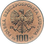 Poland 100 Zlotych (Royal Castle in Warsaw Trial Strike) POLSKA RZECZPOSPOLITA LUDOWA 19 74 MW ZŁ 100 ZŁ coin obverse