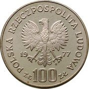 Poland 100 Zlotych Wladyslaw Reymont. Trial Strike 1977 MW Proof KM# Pr303 POLSKA RZECZPOSPOLITA LUDOWA 19 77 MW ZŁ 100 ZŁ coin obverse