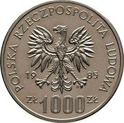 Poland 1000 Zlotych 40th Anniversary of United Nations. Trial Strike 1985 KM# Pr523 POLSKA RZECZPOSPOLITA LUDOWA 19 85 MW ZŁ 1000 ZŁ coin obverse Poland 1000 Zlotych 40th Anniversary of United Nations. Trial Strike 1985 KM# Pr523 POLSKA RZECZPOSPOLITA LUDOWA 19 85 MW ZŁ 1000 ZŁ coin obverse