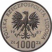 Poland 1000 Zlotych Kazimierz III 1987 KM# Pr568 POLSKA RZECZPOSPOLITA LUDOWA 19 87 MW ZŁ 1000 ZŁ coin obverse Poland 1000 Zlotych Kazimierz III 1987 KM# Pr568 POLSKA RZECZPOSPOLITA LUDOWA 19 87 MW ZŁ 1000 ZŁ coin obverse