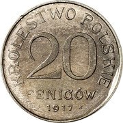 Poland 20 Fenigow (Pattern Coin) KROLESTWO POLSKIE 20 FENIGOW 1917 coin reverse Poland 20 Fenigow (Pattern Coin) KROLESTWO POLSKIE 20 FENIGOW 1917 coin reverse