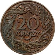 Poland 20 Groszy Trial Strike. German Occupation WW II 1938  20 GROSZY coin reverse
