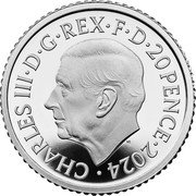 UK 20 Pence Britannia and ocean wave. Reverse frosted 2024 Proof MJ CHARLES III D G REX F D 20 PENCE 2024 coin obverse UK 20 Pence Britannia and ocean wave. Reverse frosted 2024 Proof MJ CHARLES III D G REX F D 20 PENCE 2024 coin obverse