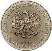 Poland 20 Zlotych (Maria Konopnicka. Trial Strike) KM# Pr294 POLSKA RZECZPOSPOLITA LUDOWA 19 77 MW ZŁ 20 ZŁ coin obverse