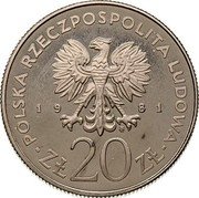 Poland 20 Zlotych Mariacki Church. Trial Strike 1981 MW Próba POLSKA RZECZPOSPOLITA LUDOWA 19 81 MW ZŁ 20 ZŁ coin obverse