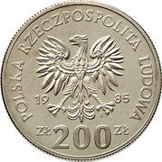 Poland 200 Zlotych Fallen soccer player 1985 KM# Pr513 POLSKA RZECZPOSPOLITA LUDOWA 19 85 MW ZŁ 200 ZŁ coin obverse Poland 200 Zlotych Fallen soccer player 1985 KM# Pr513 POLSKA RZECZPOSPOLITA LUDOWA 19 85 MW ZŁ 200 ZŁ coin obverse