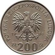 Poland 200 Zlotych Soccer. Proba 1988 KM# Pr575 POLSKA RZECZPOSPOLITA LUDOWA 19 88 MW ZŁ 200 ZŁ coin obverse