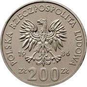 Poland 200 Zlotych Wladyslaw Lokietek. Trial Strike 1986 KM# Pr535 POLSKA RZECZPOSPOLITA LUDOWA 19 86 MW ZŁ 200 ZŁ coin obverse Poland 200 Zlotych Wladyslaw Lokietek. Trial Strike 1986 KM# Pr535 POLSKA RZECZPOSPOLITA LUDOWA 19 86 MW ZŁ 200 ZŁ coin obverse