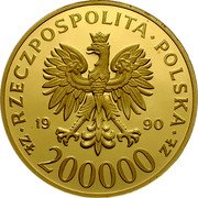 Poland 200000 Zlotych 10th Anniversary of the Forming the Solidarity Trade Union. Larger Type 1990 MW Proof Y# 222a 19 90 200000 ZŁ RZECZPOSPOLITA POLSKA coin obverse Poland 200000 Zlotych 10th Anniversary of the Forming the Solidarity Trade Union. Larger Type 1990 MW Proof Y# 222a 19 90 200000 ZŁ RZECZPOSPOLITA POLSKA coin obverse