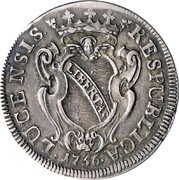 Italy 25 Bolognini Christ on a cross 1756  RESPVBLICA LVCENSIS LIBERTAS coin obverse Italy 25 Bolognini Christ on a cross 1756  RESPVBLICA LVCENSIS LIBERTAS coin obverse