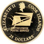 Cook Islands 25 Dollars (Elizabeth II Benjamin Franklin Stamp) ELIZABETH II COOK ISLANDS UNITED STATES POSTAL SERVICE 25 DOLLARS coin obverse Cook Islands 25 Dollars (Elizabeth II Benjamin Franklin Stamp) ELIZABETH II COOK ISLANDS UNITED STATES POSTAL SERVICE 25 DOLLARS coin obverse