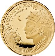 UK 25 Pounds (Britannia and ocean wave.) H BRITANNIA 2024 1/4 OZ 9999 FINE GOLD coin reverse UK 25 Pounds (Britannia and ocean wave.) H BRITANNIA 2024 1/4 OZ 9999 FINE GOLD coin reverse
