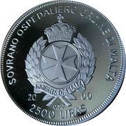 Malta 2500 Liras Marine Life Protection 2000 Proof SOVRANO OSPEDALIERO ORDINE DI MALTA KNIGHTS OF MALTA 2000 O.S.I. 2500 LIRAS coin obverse Malta 2500 Liras Marine Life Protection 2000 Proof SOVRANO OSPEDALIERO ORDINE DI MALTA KNIGHTS OF MALTA 2000 O.S.I. 2500 LIRAS coin obverse