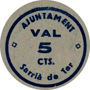 Spain 5 Centimos (Sarria de Ter) AJUNTAMENT SARRIÀ DE TER VAL 5 CTS. coin obverse Spain 5 Centimos (Sarria de Ter) AJUNTAMENT SARRIÀ DE TER VAL 5 CTS. coin obverse