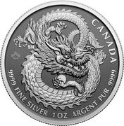 Canada 5 Dollars Lucky Dragon. Regnal dates 2023 23 SN CANADA 9999 FINE SILVER 1 OZ ARGENT PUR 9999 coin reverse Canada 5 Dollars Lucky Dragon. Regnal dates 2023 23 SN CANADA 9999 FINE SILVER 1 OZ ARGENT PUR 9999 coin reverse