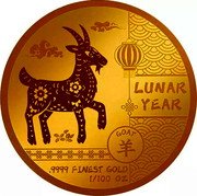Fiji 5 Dollars (Lunar Year Collection. Goat 羊) LUNAR YEAR GOAT 羊 .9999 FINEST GOLD 1/100 OZ. coin reverse Fiji 5 Dollars (Lunar Year Collection. Goat 羊) LUNAR YEAR GOAT 羊 .9999 FINEST GOLD 1/100 OZ. coin reverse