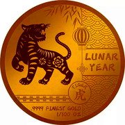 Fiji 5 Dollars (Lunar Year Collection.Tiger 老) LUNAR YEAR TIGER 老.9999 FINEST GOLD 1/100 OZ. coin reverse Fiji 5 Dollars (Lunar Year Collection.Tiger 老) LUNAR YEAR TIGER 老.9999 FINEST GOLD 1/100 OZ. coin reverse
