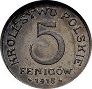 Poland 5 Fenigow (German Occupation) KROLESTWO POLSKIE 5 FENIGÓW 1918 coin reverse Poland 5 Fenigow (German Occupation) KROLESTWO POLSKIE 5 FENIGÓW 1918 coin reverse