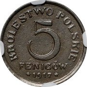 Poland 5 Fenigow (Trial Strike) KRÓLESTWO POLSKIE 5 FENIGÓW 1917 coin reverse Poland 5 Fenigow (Trial Strike) KRÓLESTWO POLSKIE 5 FENIGÓW 1917 coin reverse