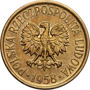 Poland 5 Groszy (Circulation Coin Trial Strike) KM# Pr29 POLSKA RZECZPOSPOLITA LUDOWA 1958 coin obverse Poland 5 Groszy (Circulation Coin Trial Strike) KM# Pr29 POLSKA RZECZPOSPOLITA LUDOWA 1958 coin obverse