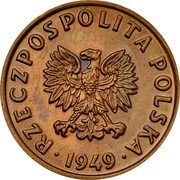 Poland 5 Groszy Trial Strike. No Proba 1949  RZECZPOSPOLITA POLSKA 1949 coin obverse Poland 5 Groszy Trial Strike. No Proba 1949  RZECZPOSPOLITA POLSKA 1949 coin obverse