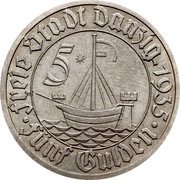 Poland 5 Gulden Free City of Danzig 1935 KM# 158 1935 5 FREIE STADT DANZIG FÜNF GULDEN coin obverse Poland 5 Gulden Free City of Danzig 1935 KM# 158 1935 5 FREIE STADT DANZIG FÜNF GULDEN coin obverse
